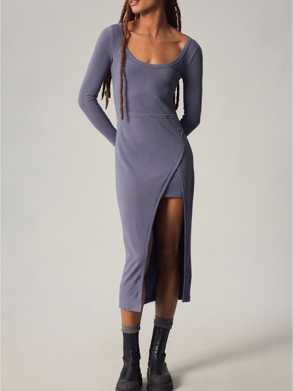 Anthropologie daily practice Long-Sleeve Scoop Neck wrap Midi Dress blue gray